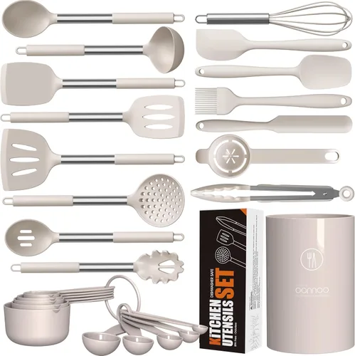Juego de Utensilios de Cocina de Silicona Grande - Utensilios de Cocina Resistentes al Calor, Pinzas Volteadoras, Espátula, Cuchara, Brocha, Caqui