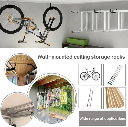 Miniatura 6 de 4 ganchos de garaje montados en el techo, estante de almacenamiento de garaje superior, perchas de escalera para herramientas de bicicleta de madera