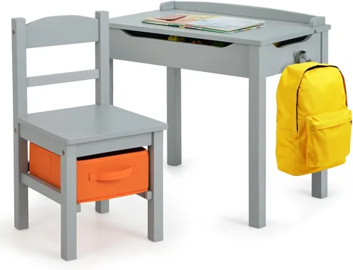 Miniatura 11 de HONEY JOY Juego de mesa y silla para niños, escritorio de madera y silla con cajón, portarollos de papel y 2 bolígrafos, juego de mesa de blanco 1