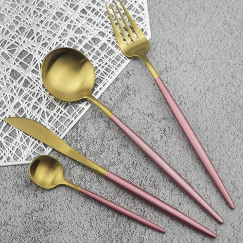 Miniatura 16 de Juego de cubiertos de oro mate, 5 piezas de acero inoxidable 18/10 con acabado satinado, servicio para 1, cuchara tenedor de cuchillo con pajitas