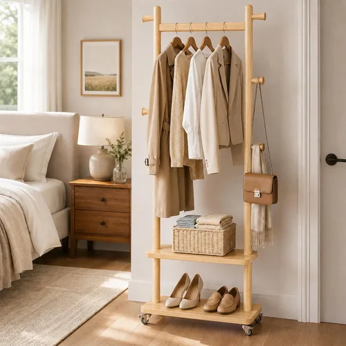 Miniatura 11 de Estante de abrigos de madera maciza independiente con ruedas y 2 estantes de almacenamiento y 5 ganchos, estante de ropa resistente, árbol de Madera