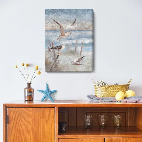ARTZON Arte de pared de playa, decoración de baño, tema oceánico, impresión en lienzo, pintura costera, pájaro posado junto a la orilla del mar,