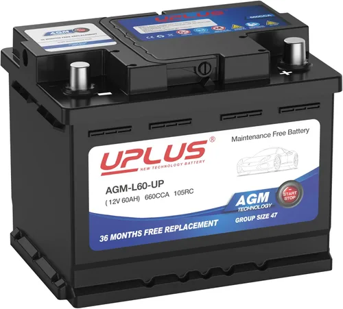 UPLUS BCI Group 47 - Batería de coche AGM-L60-UP sin mantenimiento, 12 V 60 Ah AGM, batería automotriz H5 L2, 660CCA, 105RC, 375LN2-MF