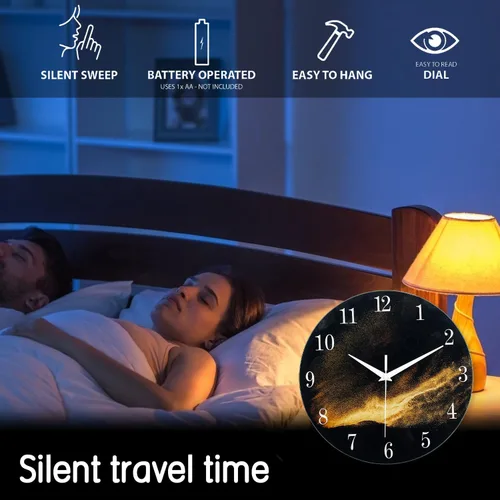 Miniatura 3 de Reloj de pared moderno negro y dorado con pilas, reloj de pared silencioso de 12 pulgadas, reloj de pared de vidrio sin tictac para sala de estar