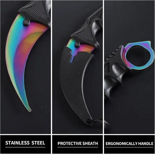 Miniatura 2 de Karambit - Cuchillo táctico de hoja fija, herramienta de campamento, 2 piezas de acero inoxidable al aire libre con funda y cable, adecuado