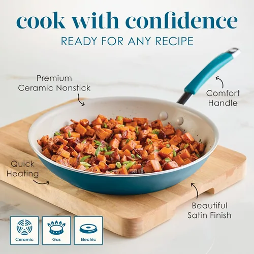 Miniatura 6 de Rachael Ray Cucina Sartén antiadherente de cerámica/Sartén, 12.5 pulgadas antiadherentes Sartén abierta, apta para lavavajillas - Azul marino