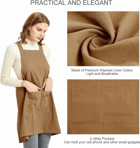 Miniatura 4 de ELEZAY Delantales para mujer con bolsillos, talla grande, cómodo, espalda cruzada, sin lazo, delantal de lino y algodón Marrón