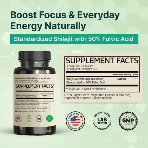 Miniatura 2 de VINATURA Shilajit para hombres y mujeres - 1000 mg cápsulas puras de Shilajit del Himalaya, estandarizadas al 50% de ácido fúlvico - 60 cápsulas