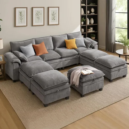 Miniatura 18 de Sofá Seccional Modular en Forma de L de 100", Sofá con Almacenamiento Otomano, Sofá Nube de Chenilla con Asientos Profundos y Mullidos para Sala