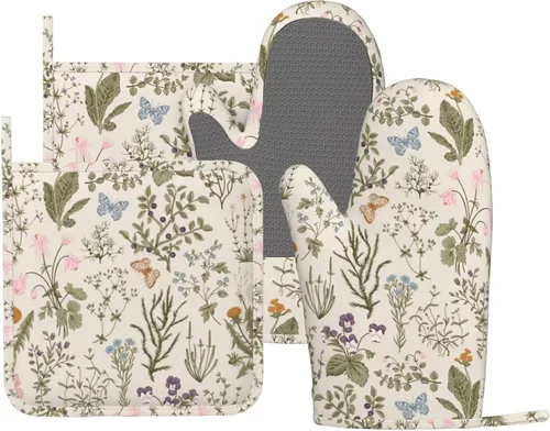 Miniatura 8 de Juego de guantes de horno y soportes para ollas con flores estilo retro de los años 70, guantes de cocina de silicona, resistentes al calor, 4 Flor