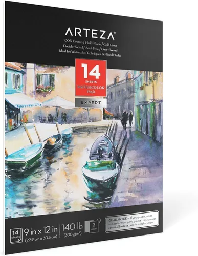 Miniatura 5 de ARTEZA Papel de acuarela, 14 hojas, almohadilla de acuarela de 9 x 12 pulgadas, 140 libras/10.58 oz/m², 100% algodón, doble cara, prensa en frío