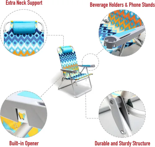 Miniatura 6 de SUNNYFEEL Silla de Playa Plegable Extra Ancha de 28", 5 Posiciones Completamente Reclinable, Silla de Camping Portátil de 17" de Alto con Portavasos