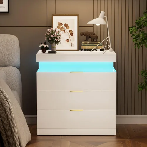 Miniatura 18 de Mesita de noche LED para dormitorio, moderna madera con 2 cajones, mesita de noche negra y dorada, mesa auxiliar con luz LED ajustable