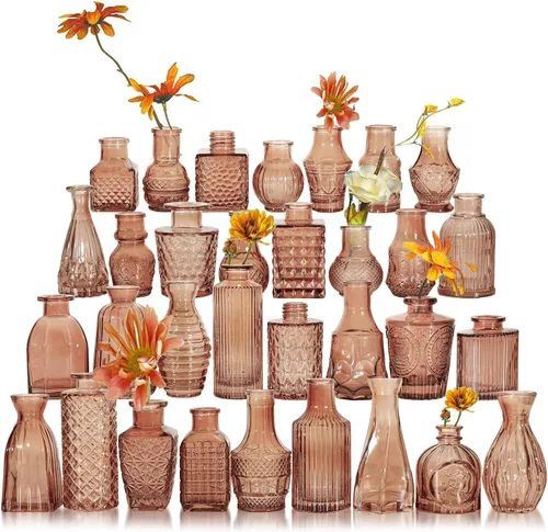 Juego de jarrones de brotes de vidrio de 32 piezas, pequeños jarrones de vidrio para flores, jarrones de brotes ámbar a granel, jarrones vintage