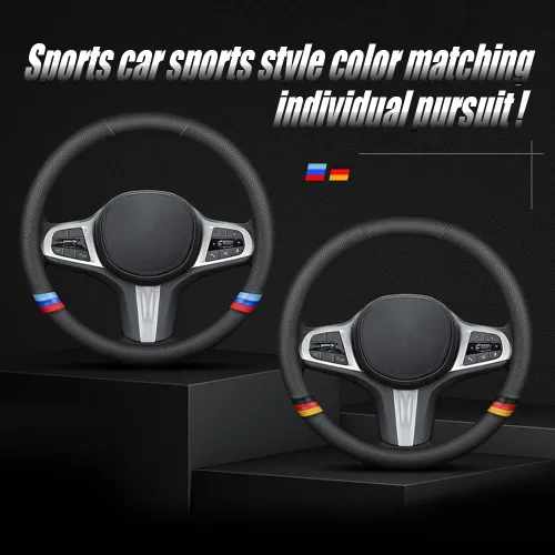 Miniatura 5 de Funda de cuero de napa para volante de automóvil, cómoda, antideslizante, estilo deportivo. Para fundas de volante de automóvil BMW, color negro