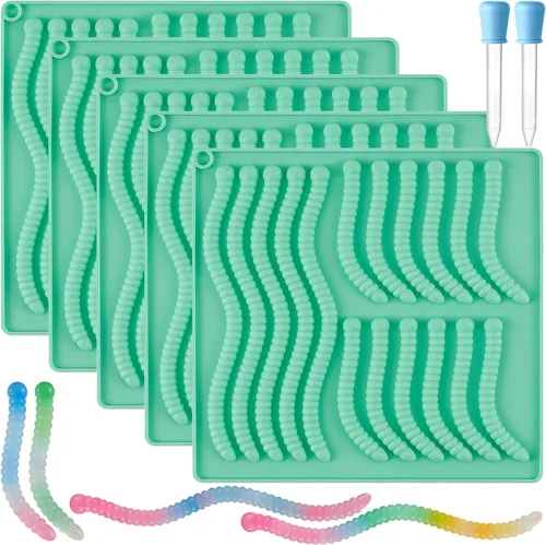 Miniatura 10 de Juego de 5 moldes de goma de silicona, moldes de silicona para dulces con 2 cuentagotas para un relleno cómodo, juego de moldes de gomita incluye