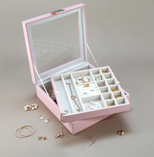 Miniatura 5 de Glenor Co - Joyero de 28 secciones, cierre magnético de 2 capas y hebilla, parte superior de cristal grande, diseño de cuero, rosa suave