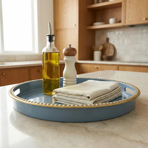 Miniatura 3 de Bandeja decorativa azul para mesa de café, bandeja de servir redonda de plástico con cuentas para encimera de cocina, otomana, sala de estar, (13")