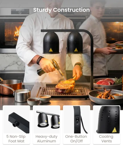 Miniatura 5 de SYBO DL2112 Lámpara de calor para alimentos de grado comercial, calentador de alimentos eléctrico portátil, 2 bombillas de 500W con soporte Negro