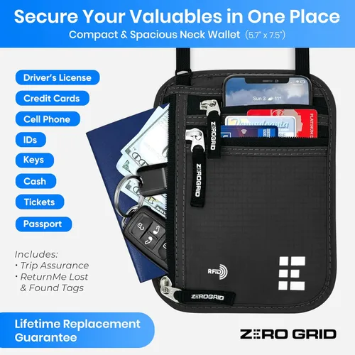 Miniatura 53 de Cartera para el cuello para viajes y pasaporte con bloqueo RFID, delgada y fácil de ocultar, bolsa de viaje de nailon para hombres y mujeres