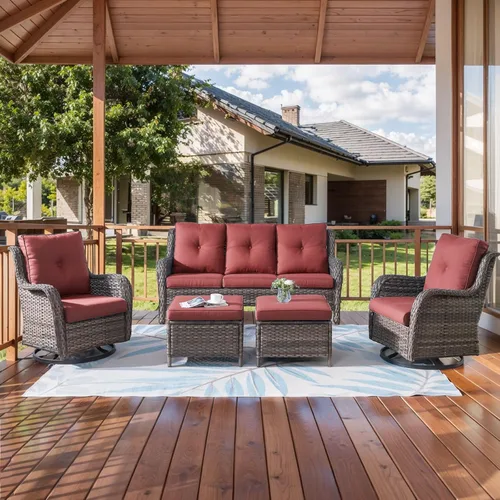 Miniatura 111 de HUMMUH Silla mecedora giratoria de ratán de 3 piezas para exteriores, juego de muebles de bistró de patio con cubierta, silla de mimbre acolchada