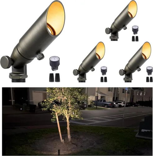 Miniatura 75 de Gardenreet Focos de paisaje de latón de bajo voltaje, luz LED para exteriores de 12 V, luces con cable IP65 impermeables, bronce antiguo