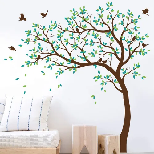 Miniatura 10 de Calcomanías de pared para árbol grande, calcomanías de árbol inclinado con pájaros, mural de vinilo decorativo KW032
