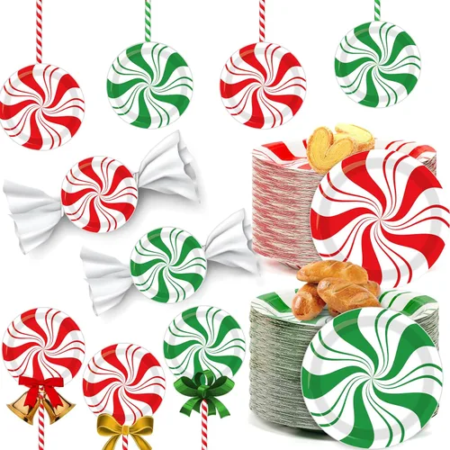 80 piezas de platos de papel de Navidad de menta de 7 pulgadas, platos desechables de postre de Navidad, dulce de menta, feliz año nuevo,