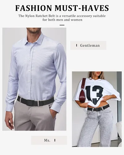 Miniatura 6 de AWAYTR Cinturón de trinquete de nailon para hombre, sin agujeros, cinturón de tela casual con hebilla de metal deslizante para jeans y golf