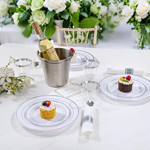 Miniatura 5 de DaYammi Juego de vajilla de plástico plateado de 350 piezas para 50 invitados, platos desechables elegantes para fiestas, incluye: 50 platos llanos