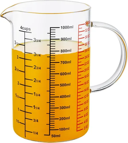 Ackers BORO3.3 Taza medidora de vidrio - [Asa aislada | Boca en forma de V] - Hecha de vidrio de borosilicato de alta calidad, taza medidora para