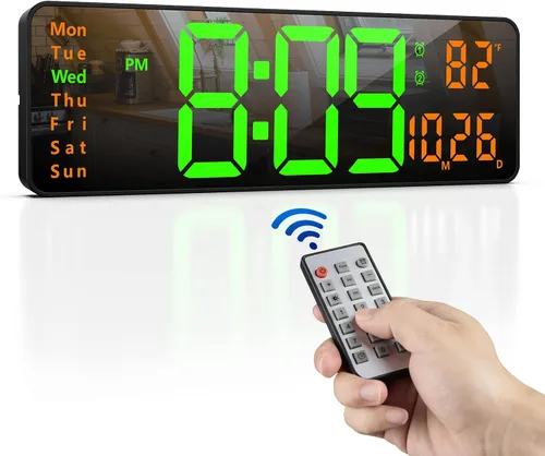 Zgrmbo Reloj de pared digital de 16 pulgadas con control remoto, reloj digital grande con fecha, semana, temperatura, alarma, temporizador, reloj de