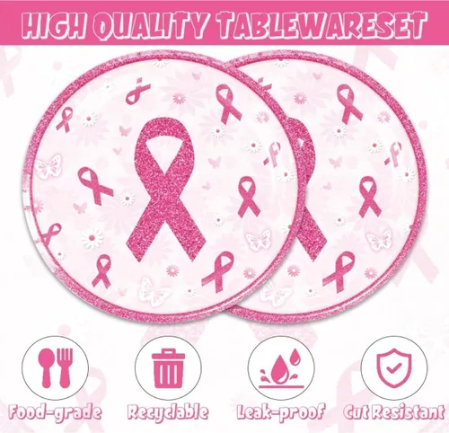 Miniatura 2 de 48 piezas de decoraciones para fiesta del cáncer de mama incluyen platos, servilletas, decoraciones para fiesta libres de cáncer para servir a 24