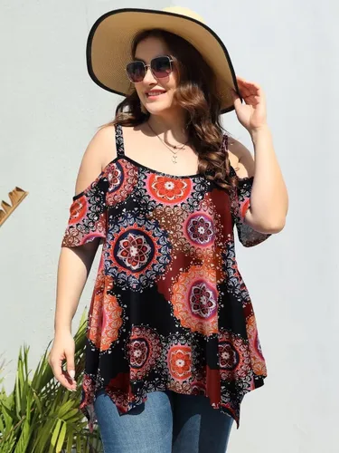 Miniatura 2 de LARACE Blusas de Hombros Descubiertos para Mujeres Ropa de Verano Tirantes Espagueti Túnica Camisas Holgadas Asimétricas Talla Grande Blusa