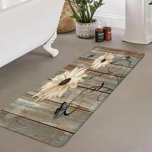 Miniatura 4 de Alfombra de baño rústica blanca floral, flores y mariposas en tabla de madera vieja, antideslizante, juego de alfombras de baño vintage