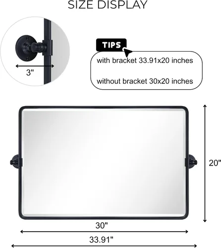 Miniatura 8 de TEHOME Espejo rectangular horizontal de estilo rústico con marco de metal negro y pivote redondeado para baño, espejos de tocador biselados 2-Negro