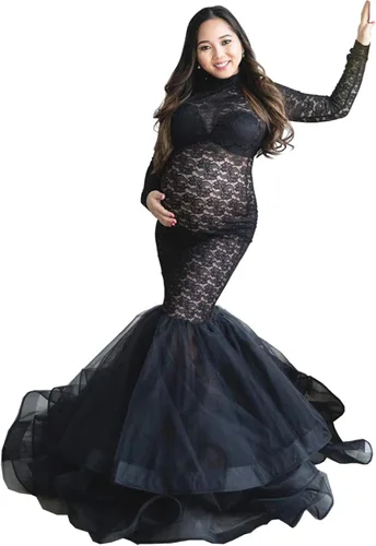 ZIUMUDY Elegante vestido de maternidad transparente de encaje para sesión de fotos manga larga tul tutus vestido maxi de accesorios para fotos