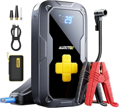 AUXITO - Arrancador portátil de emergencia con compresor de aire, inflador de neumáticos de 6000A y puente de batería, inflado rápido de 150PSI,