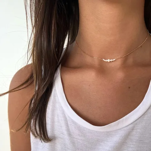 Miniatura 2 de Feskive Delicado collar con colgante de perlas para mujer, chapado en oro de 14 quilates, elegante collar de perlas de agua dulce, collar de perlas