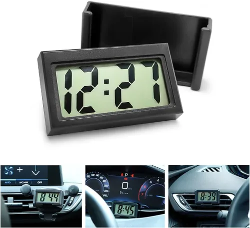 Osilly Mini reloj digital para tablero de instrumentos del automóvil, funciona con pilas y pantalla LCD transparente, reloj digital pequeño con Negro