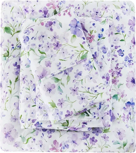 Miniatura 85 de Viviland Juego de sábanas de 3 piezas con estampado botánico de mariposas y flores rosas y moradas, sábanas de microfibra suave y transpirable
