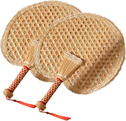 Miniatura 11 de Abanicos de mano de rafia de bambú natural, abanico de bambú de hoja de palmera, estilo chino, hecho a mano, diseño plegable tejido rústico