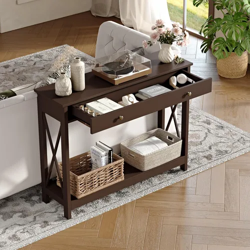 Miniatura 3 de Mesa de consola Treocho Espresso con cajón y estantes de almacenamiento, mesa de sofá estrecha para entrada, sala de estar, pasillo