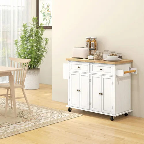 Miniatura 2 de HOMCOM Carrito de Isla de Cocina con Superficie de Madera de Caucho, Mesa de Isla de Cocina Rodante sobre Ruedas con Cajones, Estantes Ajustables