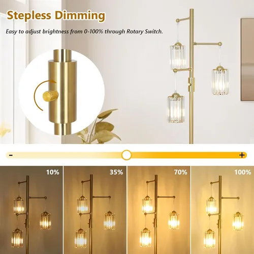 Miniatura 3 de Lámparas de pie de cristal dorado para sala de estar, 3 luces regulables, lámpara de pie moderna con pantalla de cristal, interruptor de atenuación