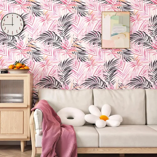 Miniatura 2 de Papel tapiz de hojas bohemias para despegar y pegar, papel de contacto extraíble de palmera rosa y negra para armarios, papel tapiz floral tropical
