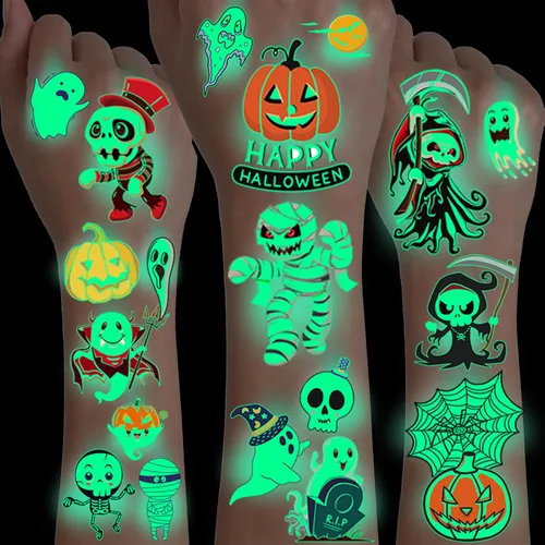 Miniatura 7 de 10 hojas de tatuajes temporales luminosos de Halloween con purpurina nocturna para niños y niñas, calcomanías de tatuaje falso 3D de zombi que