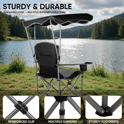 Miniatura 6 de Northroad Sillas de camping plegables con toldo y silla de playa con portavasos, reposabrazos y bolsa de transporte para viajes al aire libre, Negro