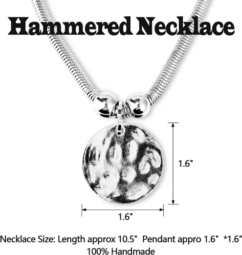 Miniatura 2 de Juego de collar de metal martillado plateado con cierre de mosquetón, collares gruesos con círculo de moneda de disco para mujer, collar de verano