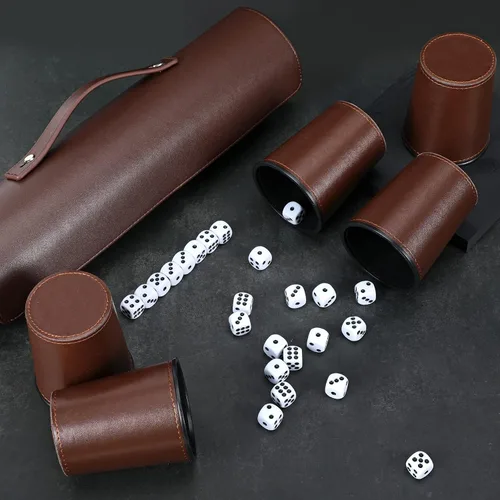 Miniatura 5 de Party Games - Juego de tazas de dados de cuero, 5 tazas de dados negros + 25 dados + funda exclusiva de almacenamiento y transporte hecha